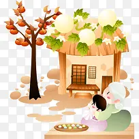 树下和奶奶一起做饭团