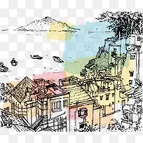 素描手绘意大利小镇