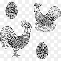 手绘花纹公鸡母鸡和鸡蛋