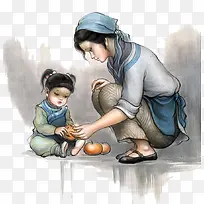 传统文化呵护母女手绘
