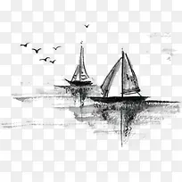 黑色水墨湖面帆船