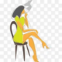 卡通线条画抽烟的美女坐椅子上插