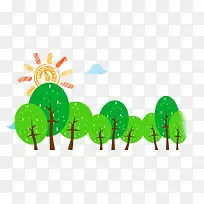 手绘创意卡通绿色树木太阳