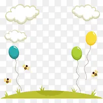草地气球蜜蜂白云边框矢量图