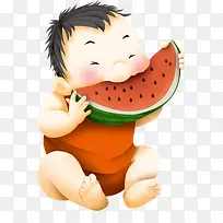 夏天红色吃西瓜的小男孩