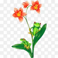 卡通青蛙 绿色叶子 红色花