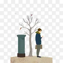 冬季男孩和枯树