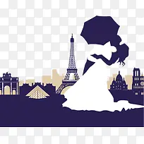 扁平巴黎铁塔前的新郎新娘