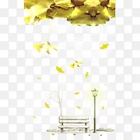 路灯下的椅子云朵上的黄叶