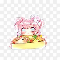 拿着盒饭的动漫小女孩