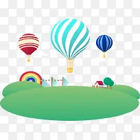 手绘绿色草坪热气球图案
