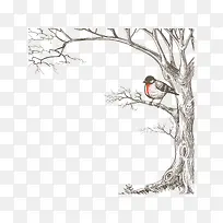 手绘线描艺术树鸟装饰图案