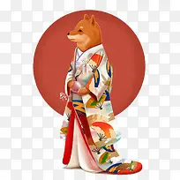 手绘穿和服的柴犬
