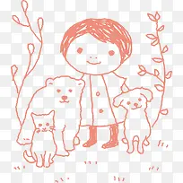 可爱小狗与小孩单线插图