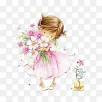 手绘插画拿着花的小女孩