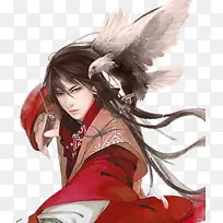 养鹰拉弓的红衣男子古风手绘