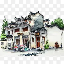 江南风建筑手绘素材