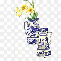 青花瓷手绘花瓶黄色花朵