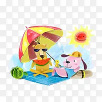 太阳伞下的小狗