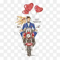 骑摩托车的新人夫妻插画图片