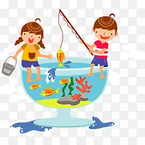 矢量鱼缸上面钓鱼的儿童