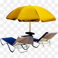 蓝色躺椅和黄色遮阳伞
