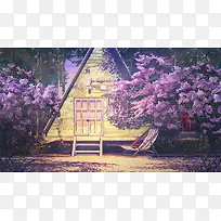 日系插画房屋樱花树浪漫色彩