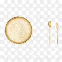 棕色木质纹理凹槽木圆盘和木勺子