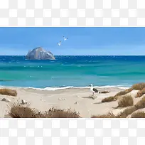 唯美沙滩海面石山海报背景