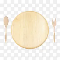 棕色木质纹理圆木盘和木勺子木勺