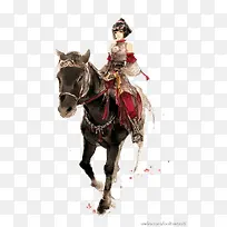 骑马的少女手绘水墨画