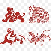 手绘红色神兽貔貅