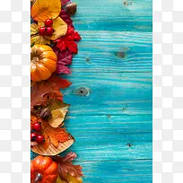 蓝色木板与秋天树叶背景