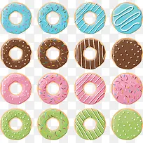 矢量手绘四种颜色的甜甜圈和饼干