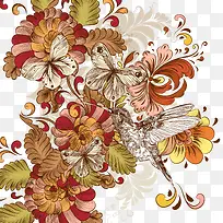 彩绘蜂鸟花卉背景