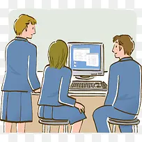 卡通学生看电脑