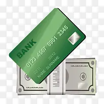 矢量绿色银行卡美元钞票