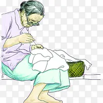 手绘年迈母亲人物缝补衣服