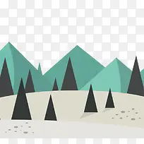 手绘松树和山的冬景