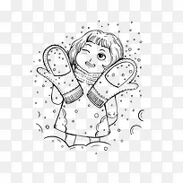 手绘下雪戴棉手套的小女孩