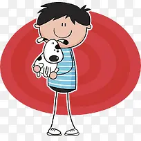 卡通插图抱着小狗的男孩