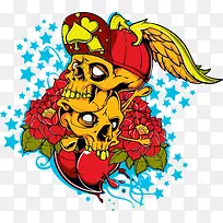 红色花朵骷髅插画