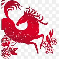 红色手绘中国风小马剪纸