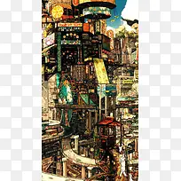 凌乱的彩色城市动漫海报背景