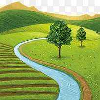 素描山间美景小河流