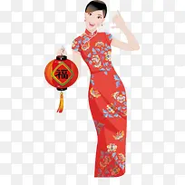 中国风穿旗袍拿灯笼的美女