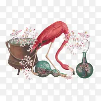 红色的鹤和花瓶图案