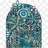 蓝绿手绘装饰树林景色图案