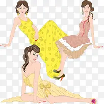 手绘坐着的美女矢量图
