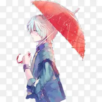 卡通立绘撑雨伞白头发男孩